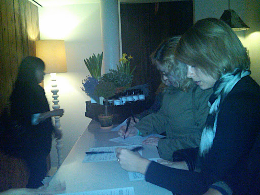 Cara and Sherri signing in to the Cowshed Spa. Perhaps not the most exciting shot, but we were all really excited to be there.