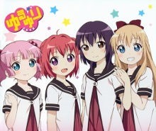 The main cast of YuruYuri standing echelon smiling together at the viewer