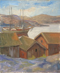 Fiskebod på Västkusten art. nr 20053. Mått ink. ram 49x57 olja på pannå. Osignerad