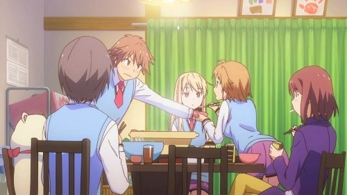 The main cast, sans Nanami, sit at the dining table eating together in the Sakura Hall dorm