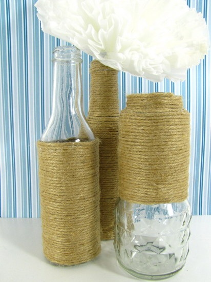 recycled bottles wrapped with jute craft