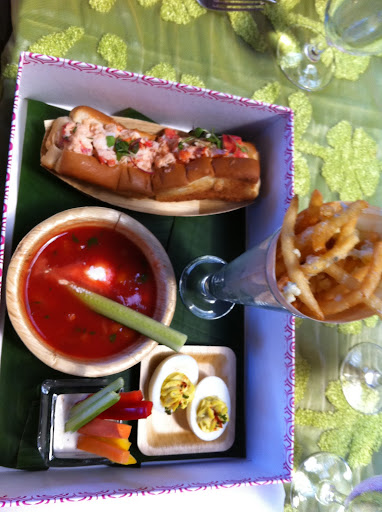 Part of our meal at the The Breakers' Circle Ballroom: fries, a lobster roll, gazpacho, and deviled eggs. What a fun idea for a bridal shower!