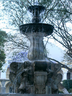 Central Square, Antigua fountain with Volcán de Agua, jacaranda tree. Photos by TOM HART