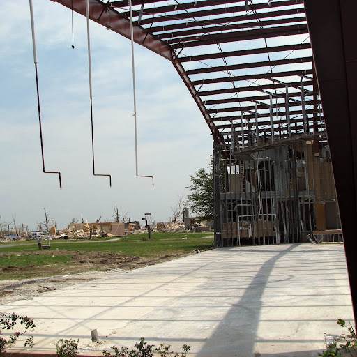 The steel beams are all that remain from the sanctuary at St Paul's United Methodist Church after the May 22nd destruction in Joplin, MO.
(Photo credit: Jennifer Moore)
