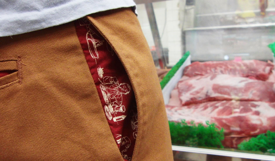 Close-up of the pocket of the Gluttony Pants, by Betabrand. The first in the 7 sins series, these pants are made for the overeater in all of us.