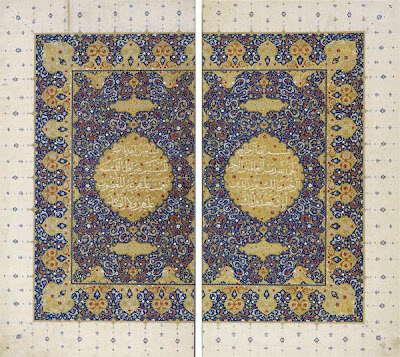 Folios from a Koran; Double-page frontispiece, sura 1, verses 1-7 | Origin: Iran | Period: circa 1550 Safavid period | Details: Not Available | Type: Opaque watercolor, ink and gold on paper | Size: H: 42.4 W: 50.1 cm | Museum Code: S1986.82.1-2 | Photograph and description taken from Freer and the Sackler (Smithsonian) Museums.