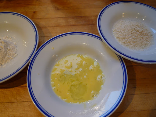 Flour, egg, and panko breadcrumbs