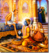 Sudama Vipra visiting Krishna and Rukmini