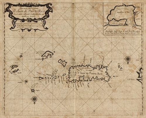 Карта Пуэрто-Рико (Pascaerte van’t Eylant St. Juan de Puerto Rico), созданная и опубликованная голландским картографом и математиком Арентом Роггевеном (Arent Roggeveen) в 1680.