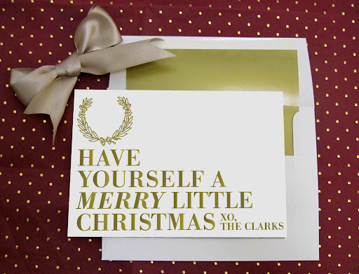 These handmade cards are not only beautiful, but custom-made to your liking. Merry Little Christmas Cards, $3.50 each with a minimum order of 50, Suite Paperie, suitepaperie.com.