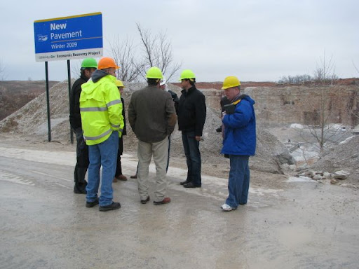 MoDOT officials show journalists the site of one business which is benefitting from the federal stimulus package: Journagan Quarries in Ozark, Missouri has contracted with MoDOT to create alternating passing lanes along Route 60 from Republic to Monett.