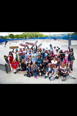 I need a better pic. of this one but here are the women of skateboarding today. Robin is on bottom left on her knee in red.