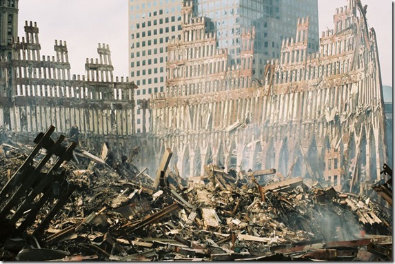 WTC-Wreckage-exterior_shell_of_south_tower - Public Domain