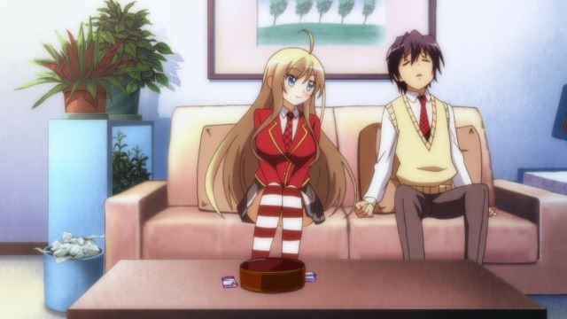 Chocolat sits on a couch with Kanade as he dozes eyes closed and she watches with obvious affection