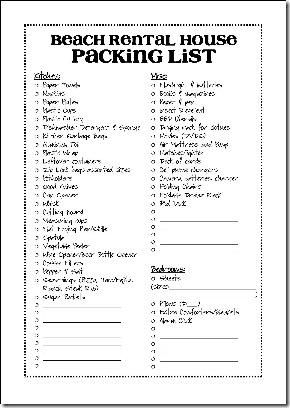 Beach Rental House Packing List Page 1