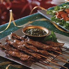 Skewered Lamb with Almond-Mint Pesto