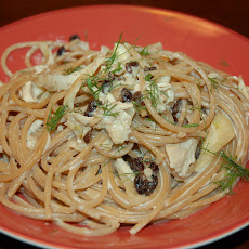 WW Spag with Roast Chicken, Currants, Fennel and Mascarpone