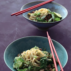 Chinese Cabbage Stir-Fry with Rice Noodles, Pork, and Cilantro
