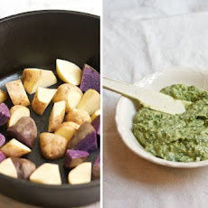 Crispy Potatoes with Baked Eggs and Pesto Yogurt
