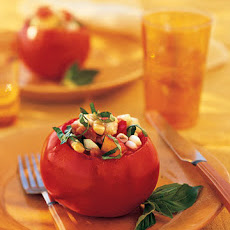 Stuffed Tomatoes with Peaches, Corn, Cucumbers, and Basil