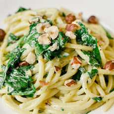 Spaghetti with Mascarpone, Meyer Lemon, Spinach, and Hazelnuts
