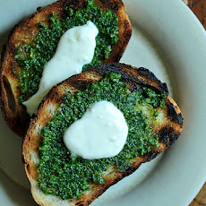 Grilled Bread with Thyme Pesto and Preserved Lemon Cream