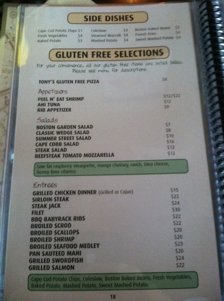 Menu- Gluten Free Options