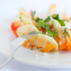 Heirloom Tomato, Cucumber, and Blue Cheese Salad with Herb, Creme Fraiche, and Lemon Dressing