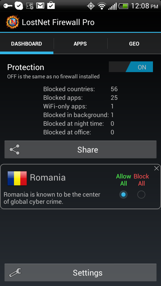 Android application LostNet NoRoot Firewall Pro screenshort