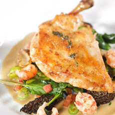 Roasted Chicken Breasts with Crayfish, Fava Beans, and Morels