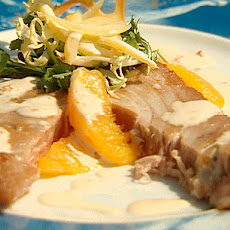 Grilled Tuna and Orange Salad with Candied Lemon and Mixed Baby Greens with Chili Aioli and Herb Tuile