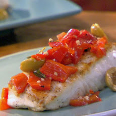 Halibut with Anchovy-Stuffed Olives, Red Peppers and Oregano