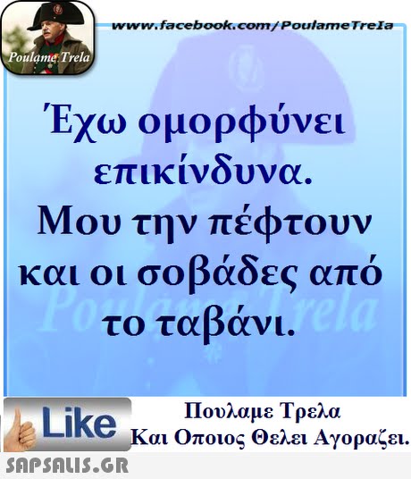 www.facebook.com/ Poulame Trela oulame Trela Έχω ομορφύνει επικίνδυνα Μου την πέφτουν και οι σοβάδες από το ταβάνι Πουλαμε Τρελά Like και Οποιος Θελει Αγοραζει. 
