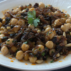 Chickpeas with Blood Sausage, Pine Nuts, & Raisins