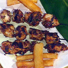 Bob Marley's Reggae: Jerk Marinated Chicken Breast Skewers, Chargrilled and Served with Creamy Cucumber Dipping Sauce and Yucca Fries