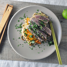 Sesame-Crusted Tuna on a Bed of Udon Noodles