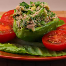 Tuna Stuffed Avocado Salad Recipe with Tomatoes, Cilantro, and Lime