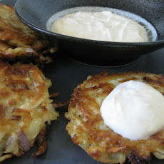 Celeriac and Potato Latkes with Apricot-Ginger Yogurt Sauce