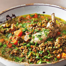 Poached Chicken with Lardons and Lentils