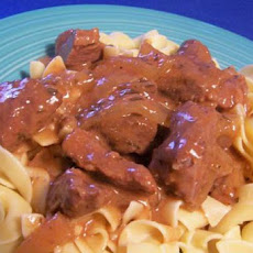 Beef Cubes over Egg Noodles