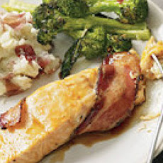 Bacon-Wrapped Salmon with Broccoli and Mashed Potatoes