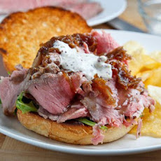 Roast Beef Sandwich with Caramelized Onions and Grainy Mustard, Horseradish Mayo