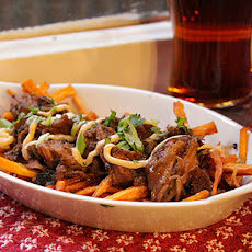 Sweet Potato Fries with Smokey Tea Pork and Shiitake Mayo