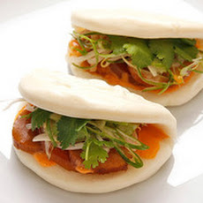 Steamed Buns with Simmered Daikon and Shiitake, Pickled Bean Sprouts, and Spicy Mayonnaise (Vegan)