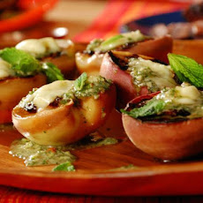 Grilled White California Peaches with Almond-Mint Pesto