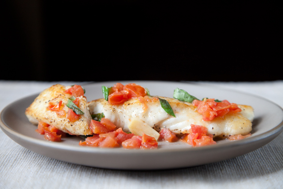 Halibut with Basil, Garlic and Tomatoes