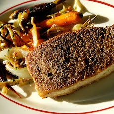 Fennel and Black Peppercorn Crusted Swordfish with Pan Roasted Carrots