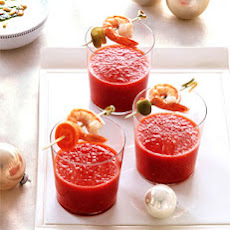 Bloody Mary Soup Shots with Shrimp and Pickled Vegetables