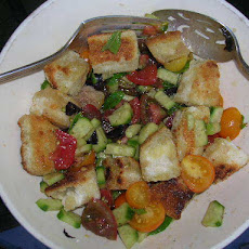 Fresh From the Garden Cherry Tomato and Cucumber Salad with Garlic Rubbed Croutons