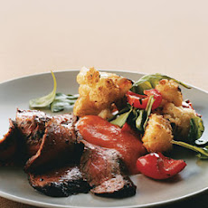 Sauteed Flank Steak with Arugula and Roasted Cauliflower and Red Peppers